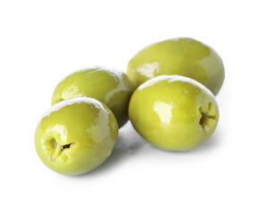 Heap of tasty green olives on white background