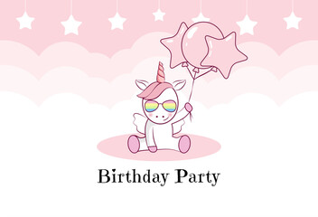 Birthday invitation with cute unicorn, balloons and clouds in pink colors. Ready to use and editable template. An invitation for children and adults.