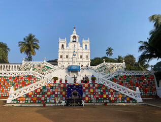 Immaculate Conception Church or Panaji Church decorated with art work on the front walls by local school children during Christmas celebration in Panaji, Goa, India. 