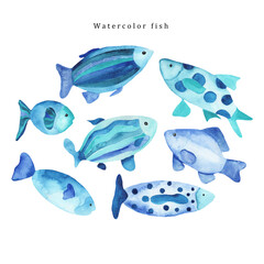 Fototapeta premium Watercolor hand-drawn illustration of blue fishes set on white isolated background