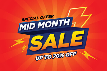 Mid month sale and thunder poster or banner vector template design. Big sale event on the orange background. Ads for web, social media, shopping online.