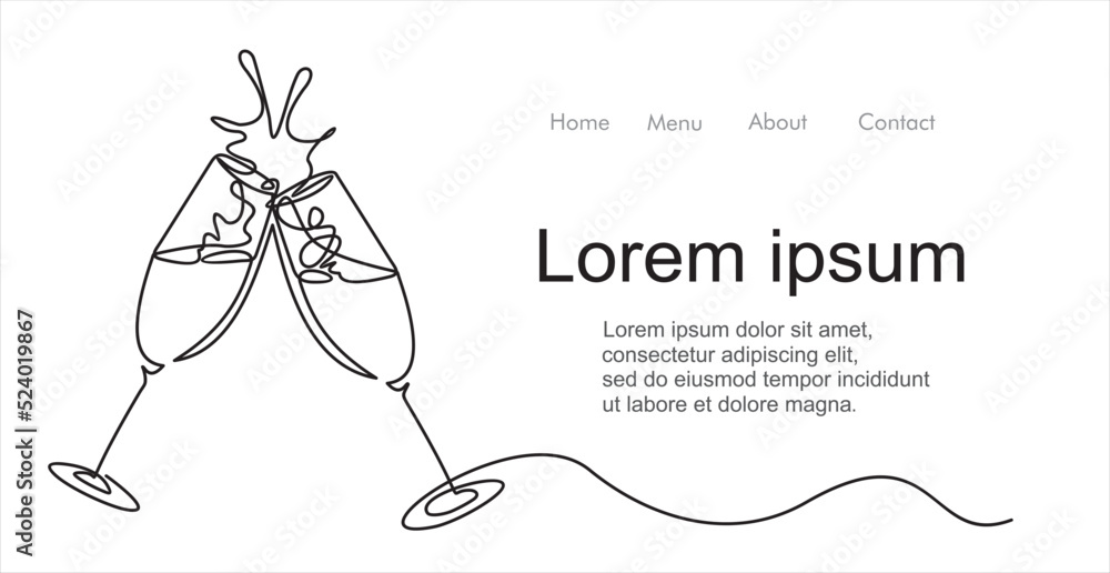 Poster continuous one line drawing of cheers two glasses with champagne. romantic toast concept in linear s