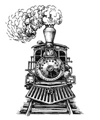 Old locomotive or train on railway. Retro transport. Hand drawn sketch vector illustration in vintage engraving style © ~ Bitter ~