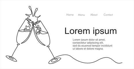 Continuous one line drawing of cheers two glasses with champagne. Romantic toast concept  in linear style isolated on white background. Vector illustration