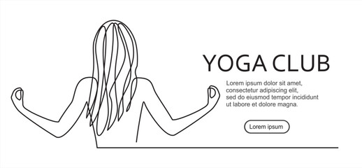 Yoga club continuous one line vector invitation template. Single continuous line drawing of young sportive woman in sport gymnasium club center. Trendy one line draw design graphic vector 