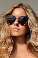 Luxury fashion, travel and beauty face portrait of young blonde woman, wearing chic sunglasses,...
