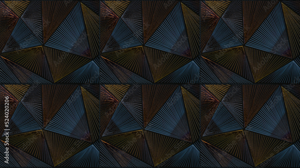Poster Abstract triangular mosaic tile wallpaper texture with geometric fluted triangles of metallic gold silver copper background seamless pattern backgrounds