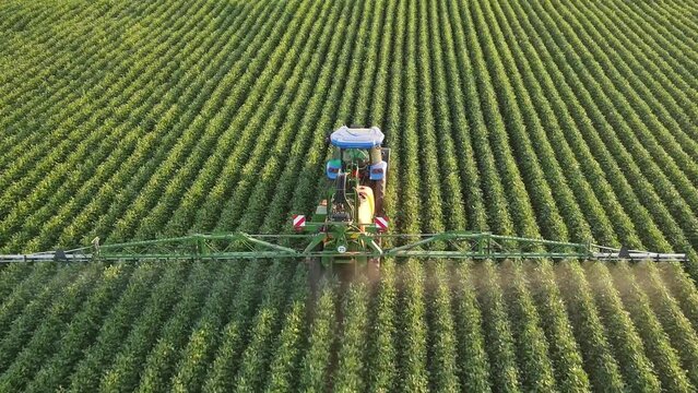Aerial view of crop sprayer spraying pesticide on a soybean field, Drone shot flying over agricultural soybean field, tractor and crop sprayer protection plants to increase crop yield
