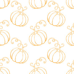 Vector seamless pattern with outline pumpkins in doodle style. Halloween or thanksgiving background and texture