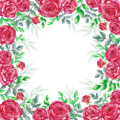 Frame-postcard of red roses and leaves with a place for an inscription. Watercolor illustration on a white background.