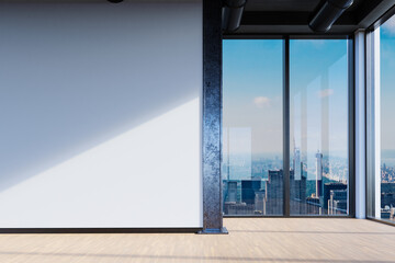 large office with blank white wall and copy space in front of panoramic window skyline view, 3D Illustration