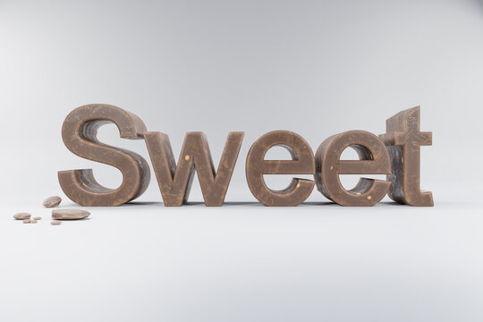 closeup of 3d lettering sweet made of brown whole milk chocolate on white clean surface with chocolate crumbs; advertisement concept; 3D Illustration