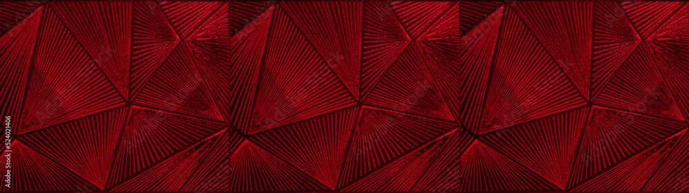 Poster Abstract dark red triangular mosaic tile wallpaper texture with geometric fluted triangles background banner seamless pattern
