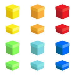 cardboard gift box colored vector illustration. gift box made of colored  cardboard with a lid. Illustration isolated on white background. coloful set boxes 

