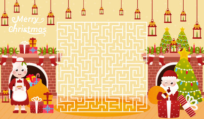 Christmas riddle for kids with santa claus hiding in gift box and mrs claus cooking christmas cookies, labyrinth maze
