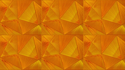Abstract triangular mosaic tile wallpaper texture with geometric fluted triangles of metallic gold golden yellow background seamless pattern backgrounds