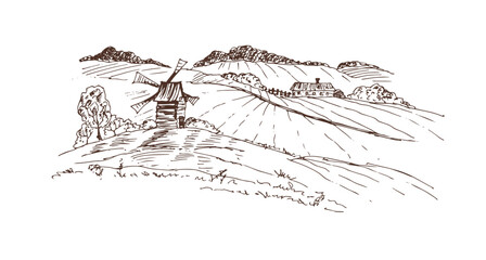 Rural landscape with a house, fields and a windmill. Linear vector sketch.