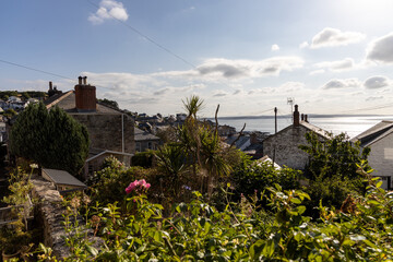 Fototapeta na wymiar Blick aus der Ferne über das kleine Hafendorf Mousehole in Cornwall, England, Blumen im Vordergrund, im Hintergrund Bucht und Meer