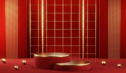 3D rendering of blank product background for cream cosmetics Modern red podium background