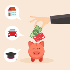 A person saves money to buy a house, a car and an education. Saving finances.