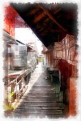 Seaside landscape fishing village and beach watercolor style illustration impressionist painting.