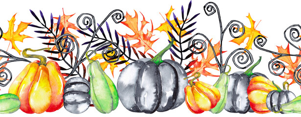 Halloween horizontal seamless border of fantastic pumpkins, maple leaves, fir and twisted branches. Watercolor hand painted isolated illustration on white background.