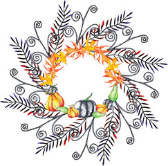 Obraz na płótnie Canvas Halloween wreath of fantastic pumpkins, maple leaves, fir and twisted branches. Watercolor hand painted isolated illustration on white background.