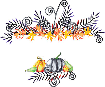 Halloween banner of fantastic pumpkins, maple leaves, fir and twisted branches. Watercolor hand painted isolated illustration on white background.