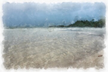 Seaside landscape fishing village and beach watercolor style illustration impressionist painting.