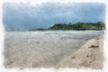 Seaside landscape fishing village and beach watercolor style illustration impressionist painting.