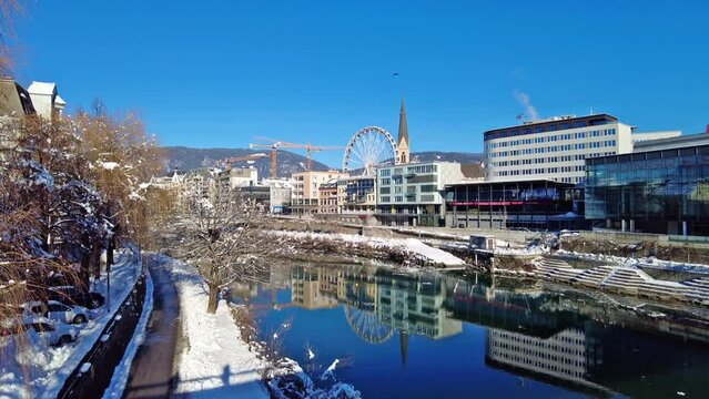 Cityscape of the small austrian city of Villach and the Drau river, Carinthia, Austria