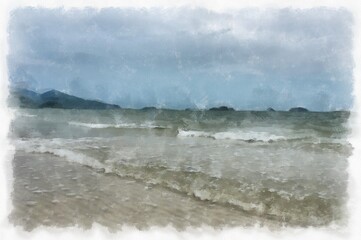 Seaside landscape fishing village and beach watercolor style illustration impressionist painting.