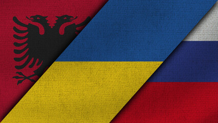 Albania and Ukraine and Russia Realistic Texture Flags Together - 3D Illustration