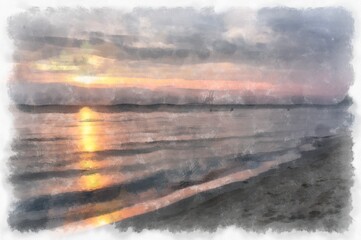 Fototapeta na wymiar Seaside landscape fishing village and beach watercolor style illustration impressionist painting.