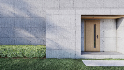 In front of modern house entrance door with Lawn and Shrub . 3D illustration
