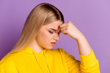 Profile side photo of young woman fingers touch nose flu ill sick spasm suffer isolated over violet color background