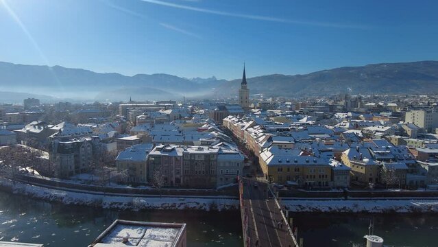 View from the moving Ferris wheel on the roofs and shopping street of the Austrian town Villach, Carinthia, Austria