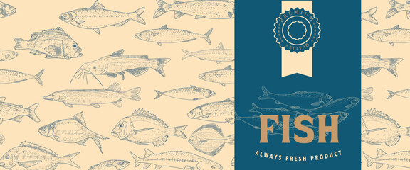 Fish vector design of packaging or label. Modern printed seafood background, vintage sketch of fish seamless pattern.