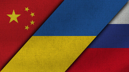 China and Ukraine and Russia Realistic Texture Flags Together - 3D Illustration