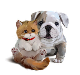 English bulldog puppy and fluffy ginger kitten - 524024681