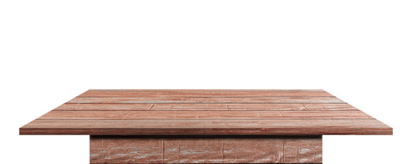 Empty wooden table top isolated on transparent background - PNG format.