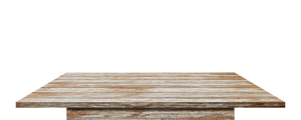 Empty wooden table top isolated on transparent background - PNG format.