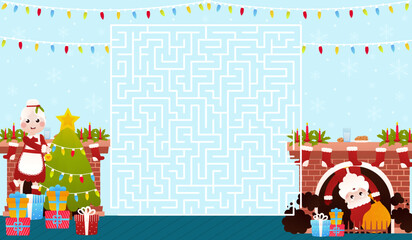 Christmas riddle for kids with santa claus comes out from fireplace, Mrs Claus decorates Christmas tree, labyrinth maze