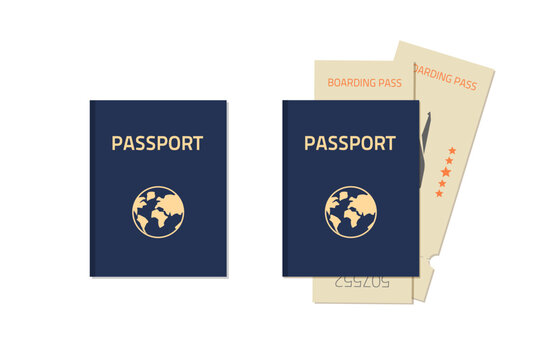 Passport isolated and with flight tickets vector icon for international travel trip flat cartoon illustration clipart image, id document cover cut out, vocation abroad by air plane, boarding pass