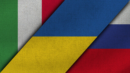Italy and Ukraine and Russia Realistic Texture Flags Together - 3D Illustration