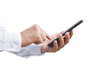 Close-up image of businessman hand holding mobile phone isolated on transparent background - PNG format.