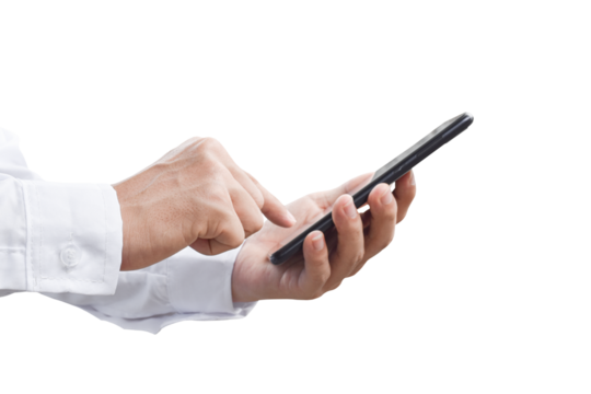 Close-up image of businessman hand holding mobile phone isolated on transparent background - PNG format.