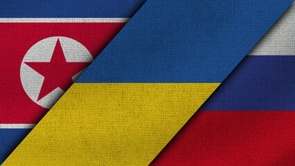 North Korea and Ukraine and Russia Realistic Texture Flags Together - 3D Illustration
