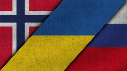Norway and Ukraine and Russia Realistic Texture Flags Together - 3D Illustration