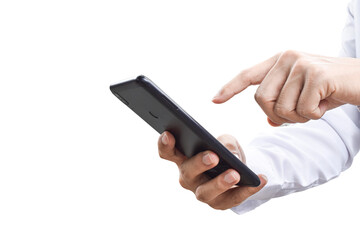 Close-up image of businessman hand holding mobile phone isolated on transparent background - PNG format. - Powered by Adobe